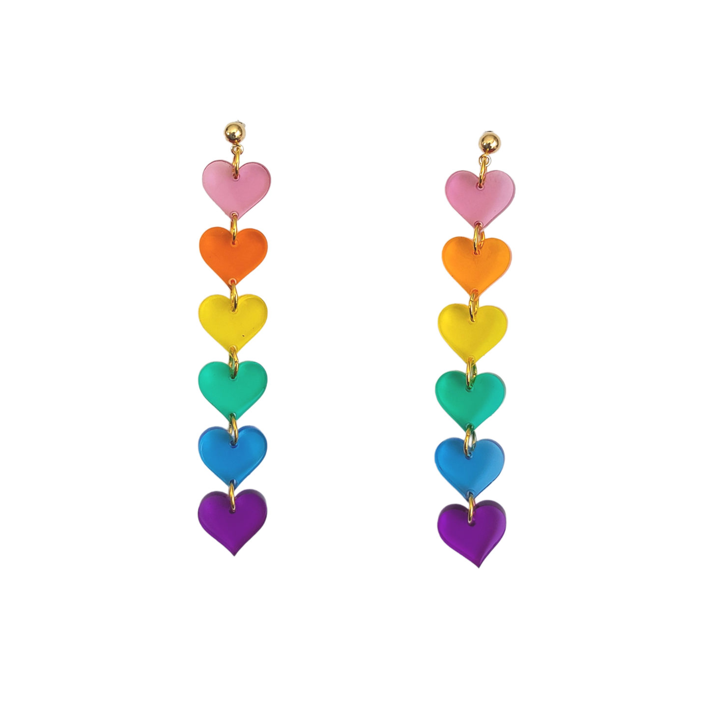 Rainbow Hearts with Translucent Acrylic - Pride - Earrings - Laser Cut: Gold