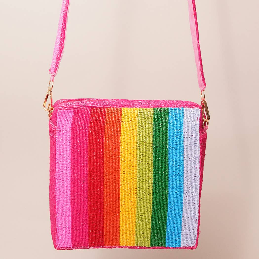 Seed Beaded Rainbow Crossbody Bag: One Size / PINK