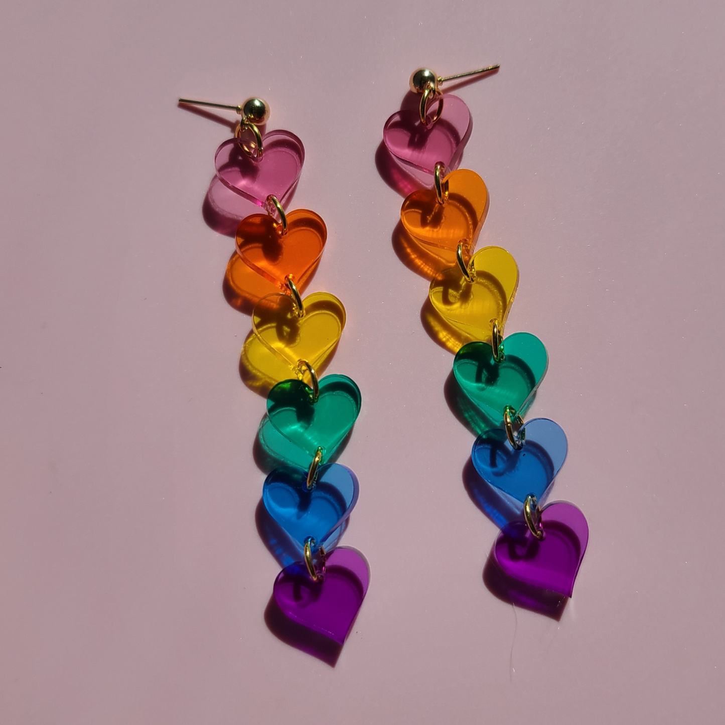 Rainbow Hearts with Translucent Acrylic - Pride - Earrings - Laser Cut: Gold