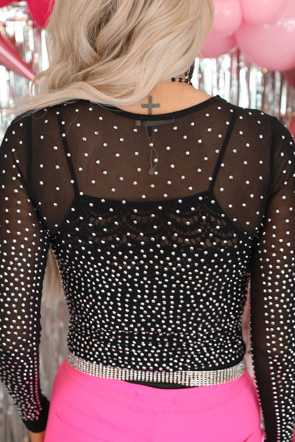 Black Rhinestone Mesh Long Sleeve Bodysuit