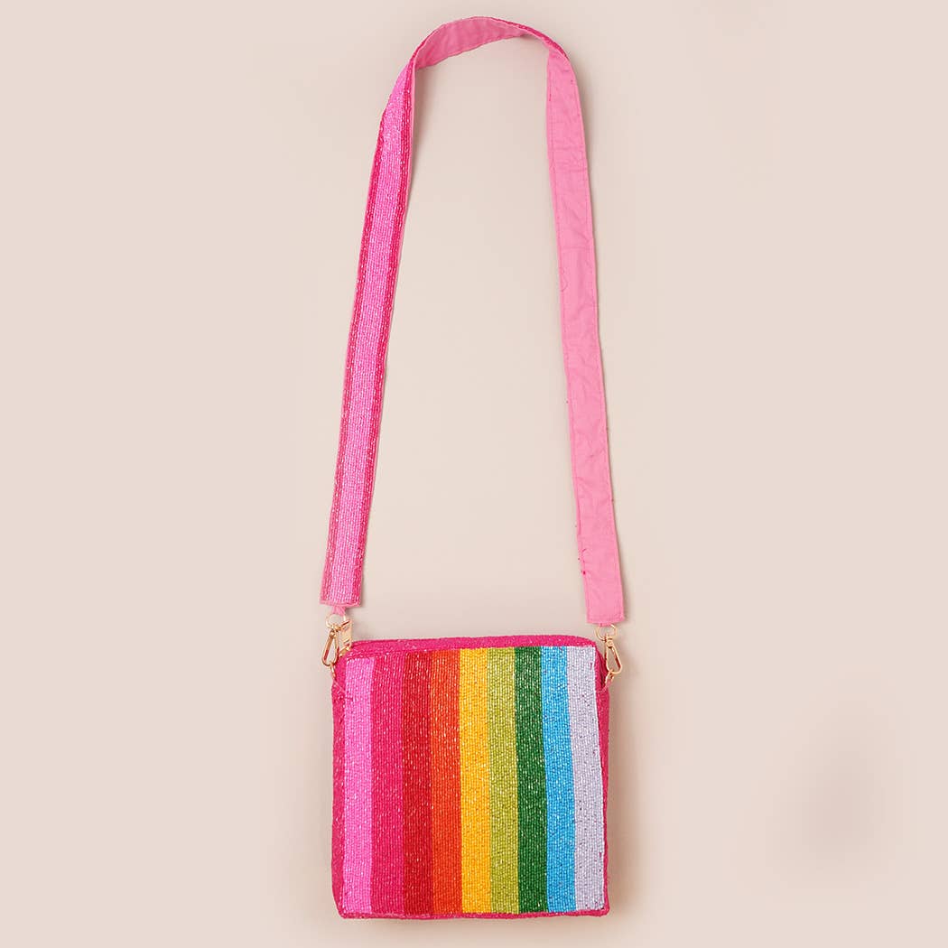 Seed Beaded Rainbow Crossbody Bag: One Size / PINK